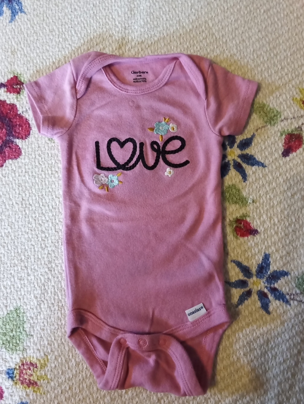 Gerber Pink "Love" Floral Embroidered Baby One-Piece Bodysuit